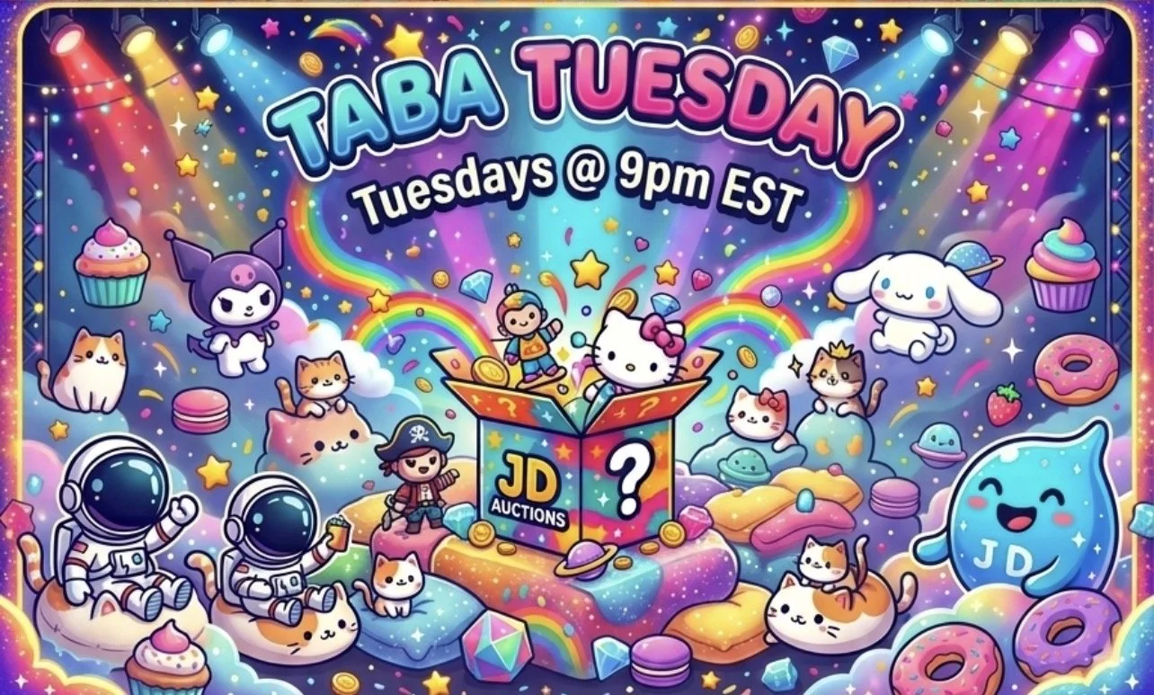 Colorful cartoon-style illustration featuring a rainbow, stars, clouds, and cute characters including cats, astronauts, and a Hello Kitty figure, promoting a weekly event called TABA TUESDAY at 9 PM EST with JD Auctions.