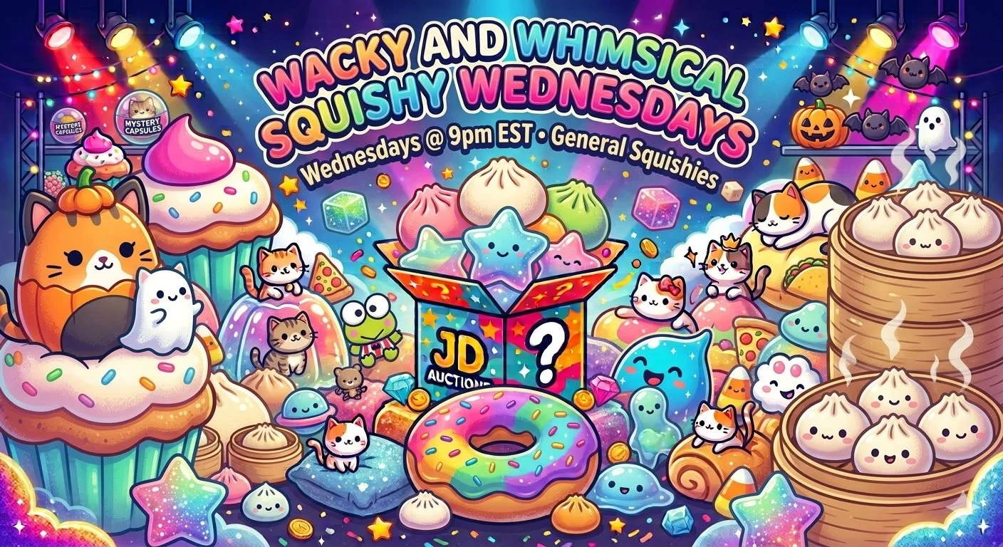 Colorful cartoon-style illustration advertising 'Wacky and Whimsical Squishy Wednesdays' with cute squishy toys, cats, cupcakes, donuts, and Halloween-themed decorations.