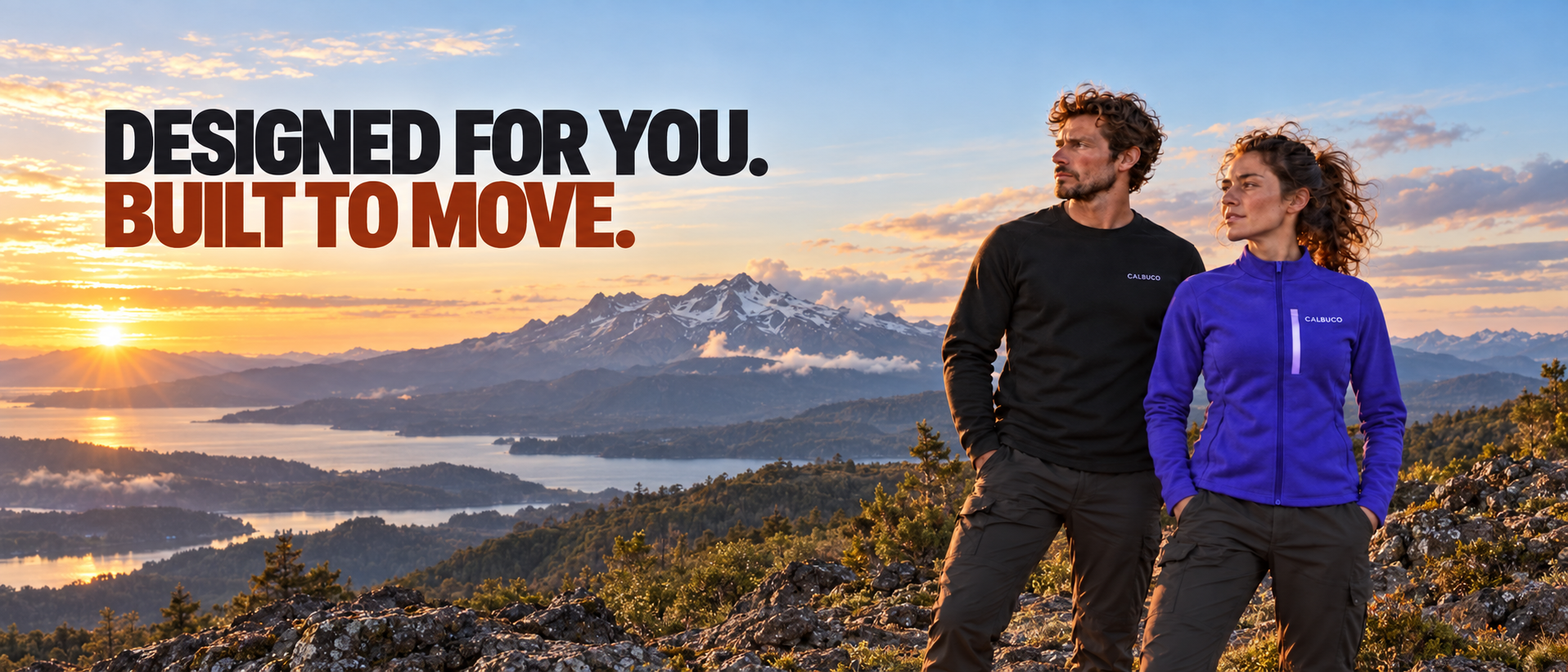 Men wearing CALBUCO performance apparel in the mountains at sunset