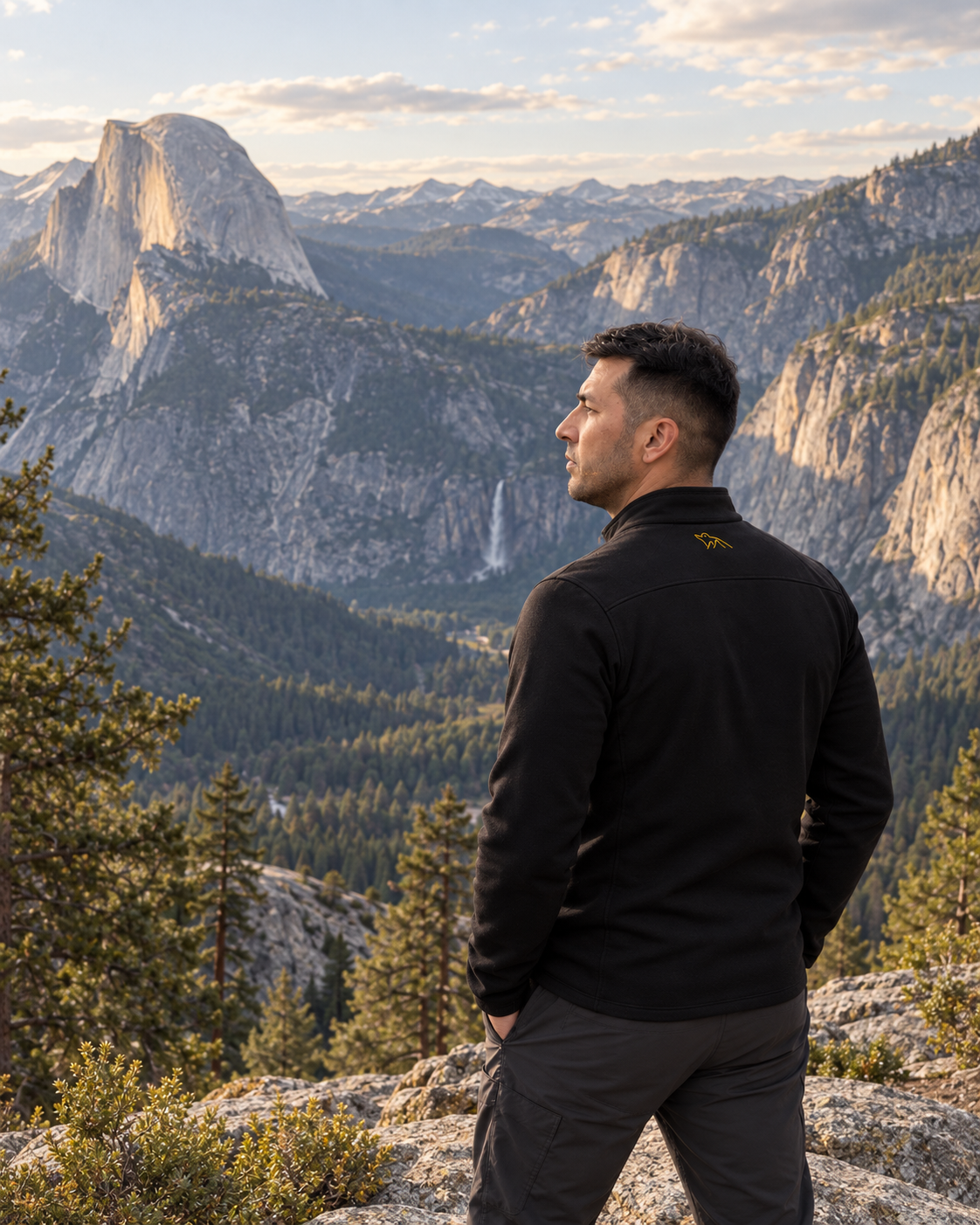 A man standing on rocks, looking at Yosemite National Park's mountains and waterfalls during sunset.