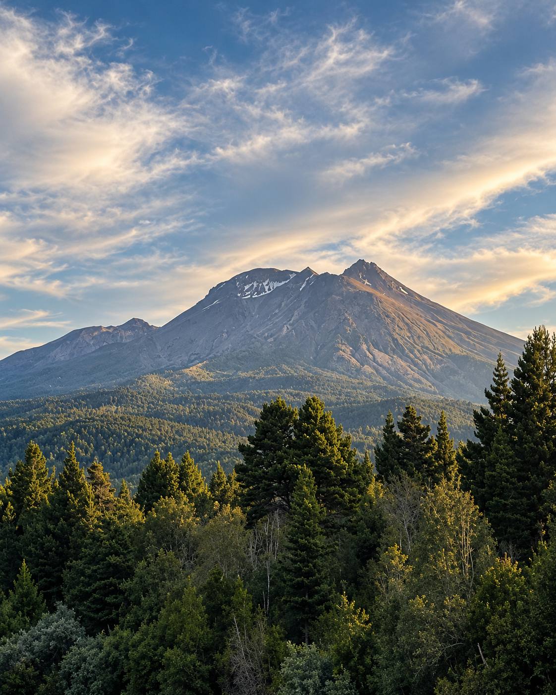 A mountain with patches of snow on its slopes, surrounded by dense green forest under a partly cloudy sky at sunset.