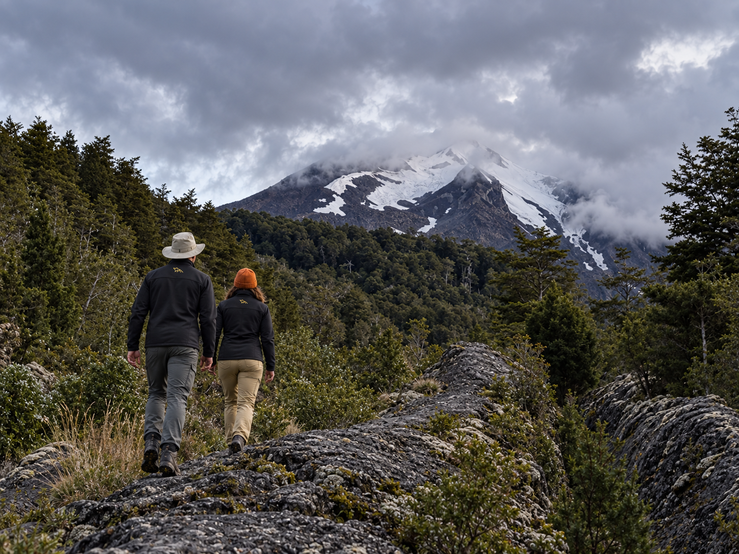 Two hikers walking on rocky trail through woods with snow-capped mountain and cloudy sky in background.
