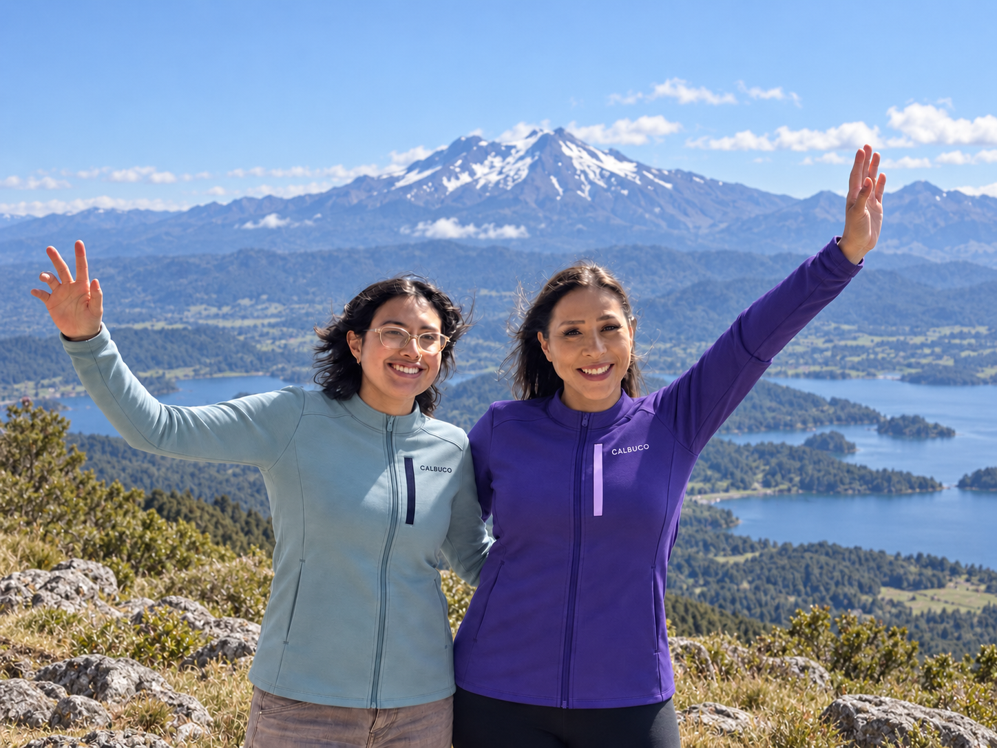 Two smiling women standing outdoors on a mountain with a scenic lake and snow-capped volcano in the background, wearing sporty jackets with the brand name 'Calbuco'.