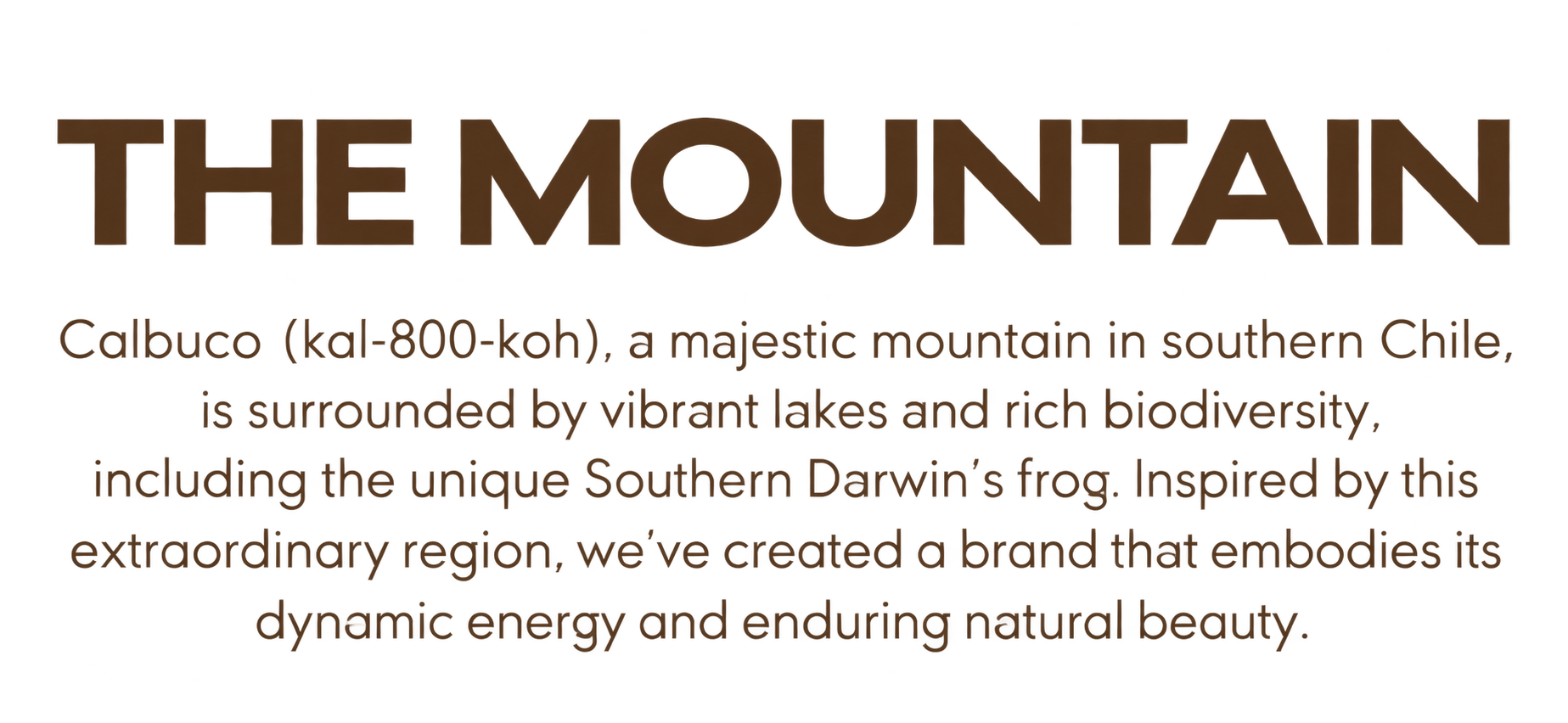 Text introduction about The Mountain Calbuco, a major mountain in southern Chile, surrounded by lakes and rich biodiversity, including the Southern Darwin's frog, celebrating its natural beauty and energy.