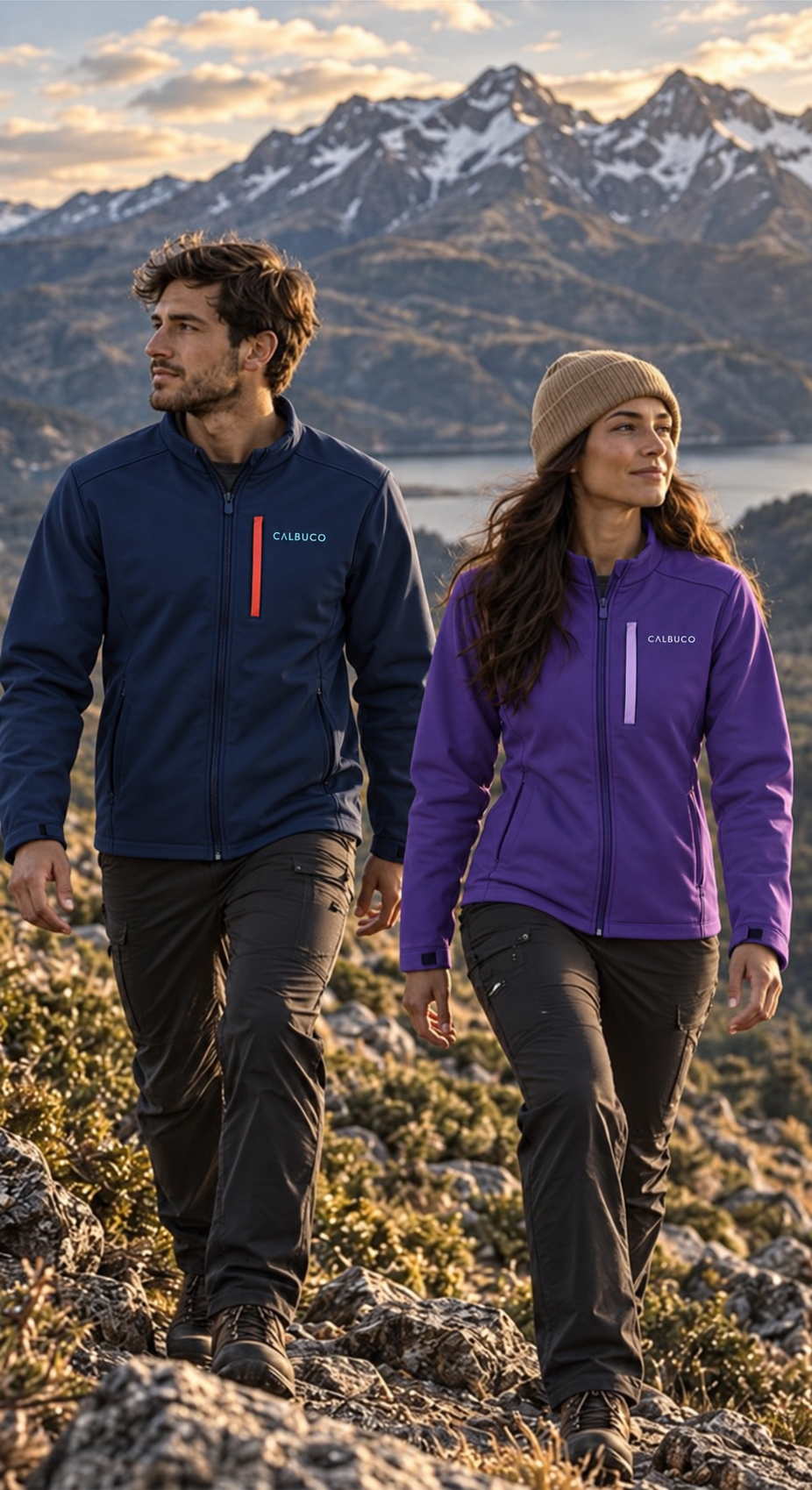 Two hikers, a man and a woman, walking on rocky terrain in outdoor gear with mountains and a lake in the background during sunset.