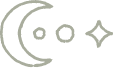 Simple line drawing of a crescent moon with two small circles and a star.