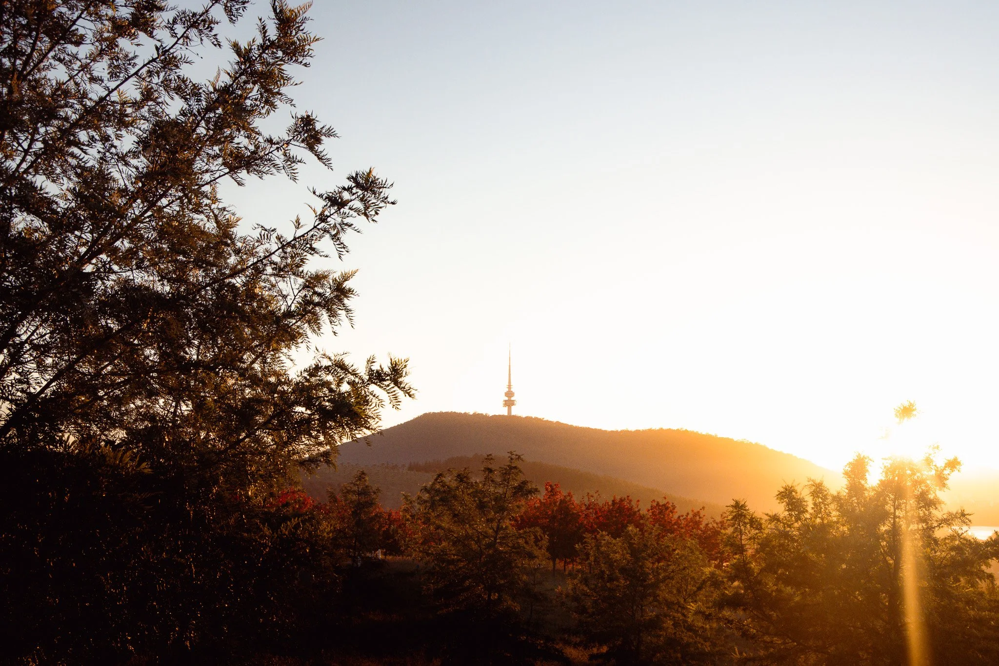 Landscape photo of black mountain and Telstra tower as the sunrises over it