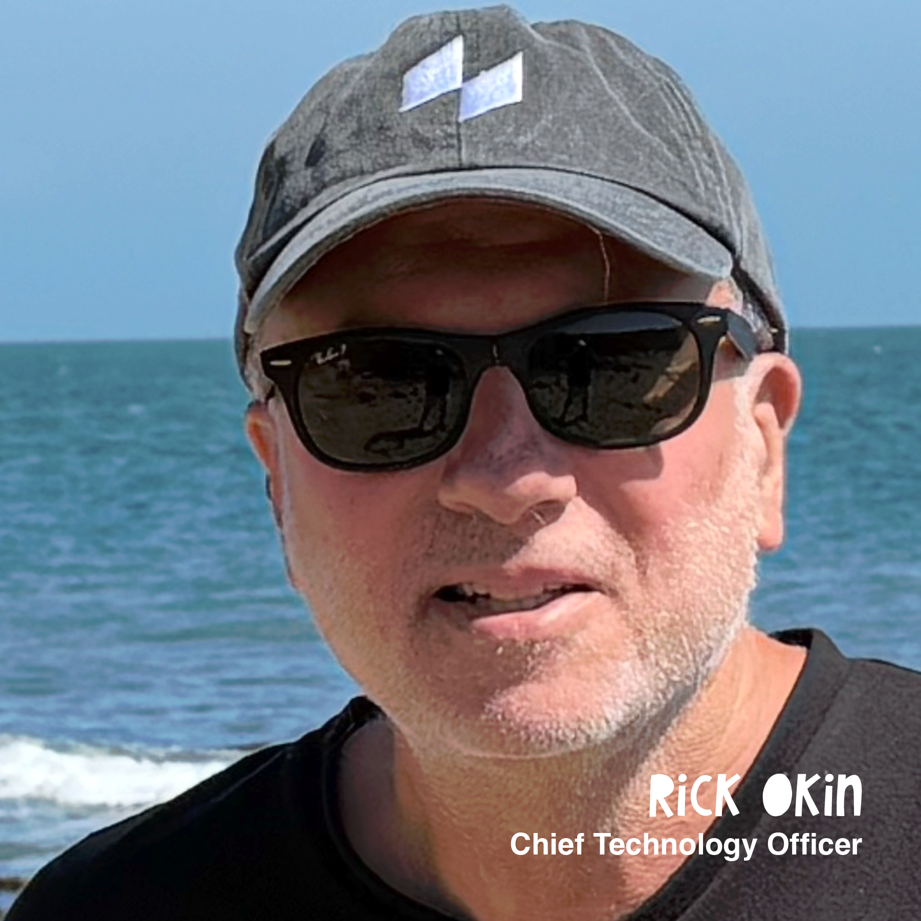 Close-up of a man with sunglasses and a cap at the beach, with the ocean in the background.