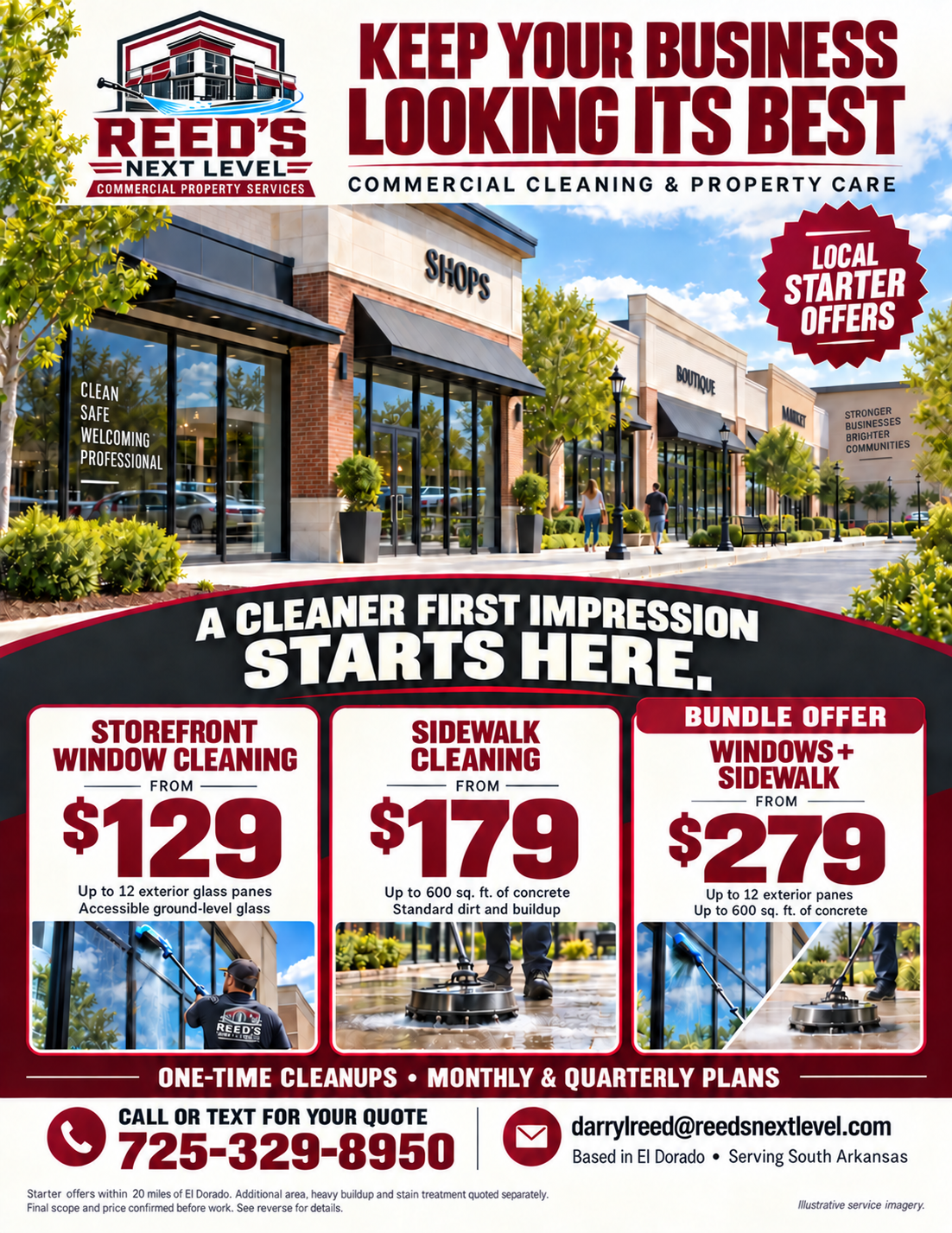 Commercial offers — front. Window cleaning from $129; sidewalk cleaning from $179; bundle from $279. Call or text 725-329-8950.