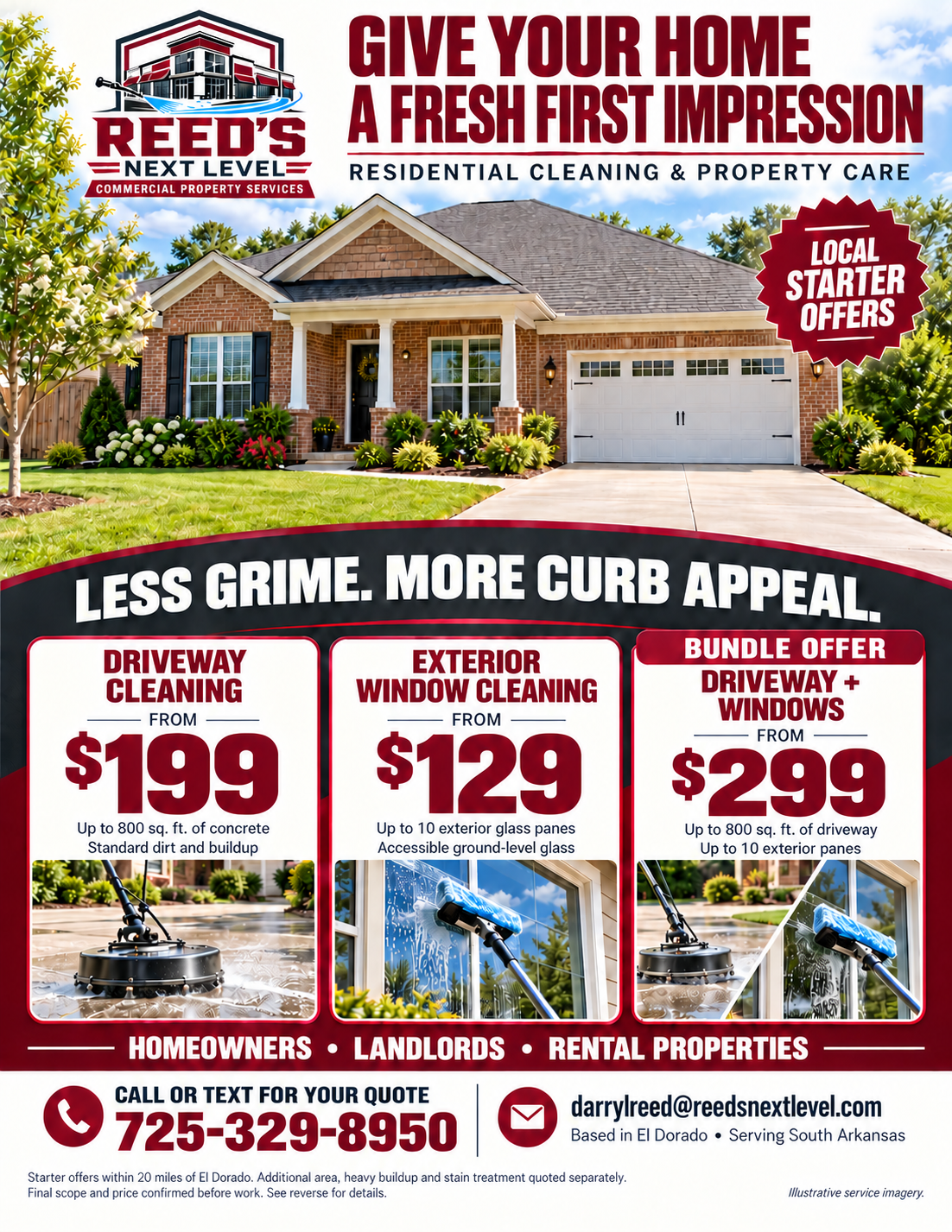 Residential offers — front. Driveway cleaning from $199; exterior windows from $129; bundle from $299. Call or text 725-329-8950.