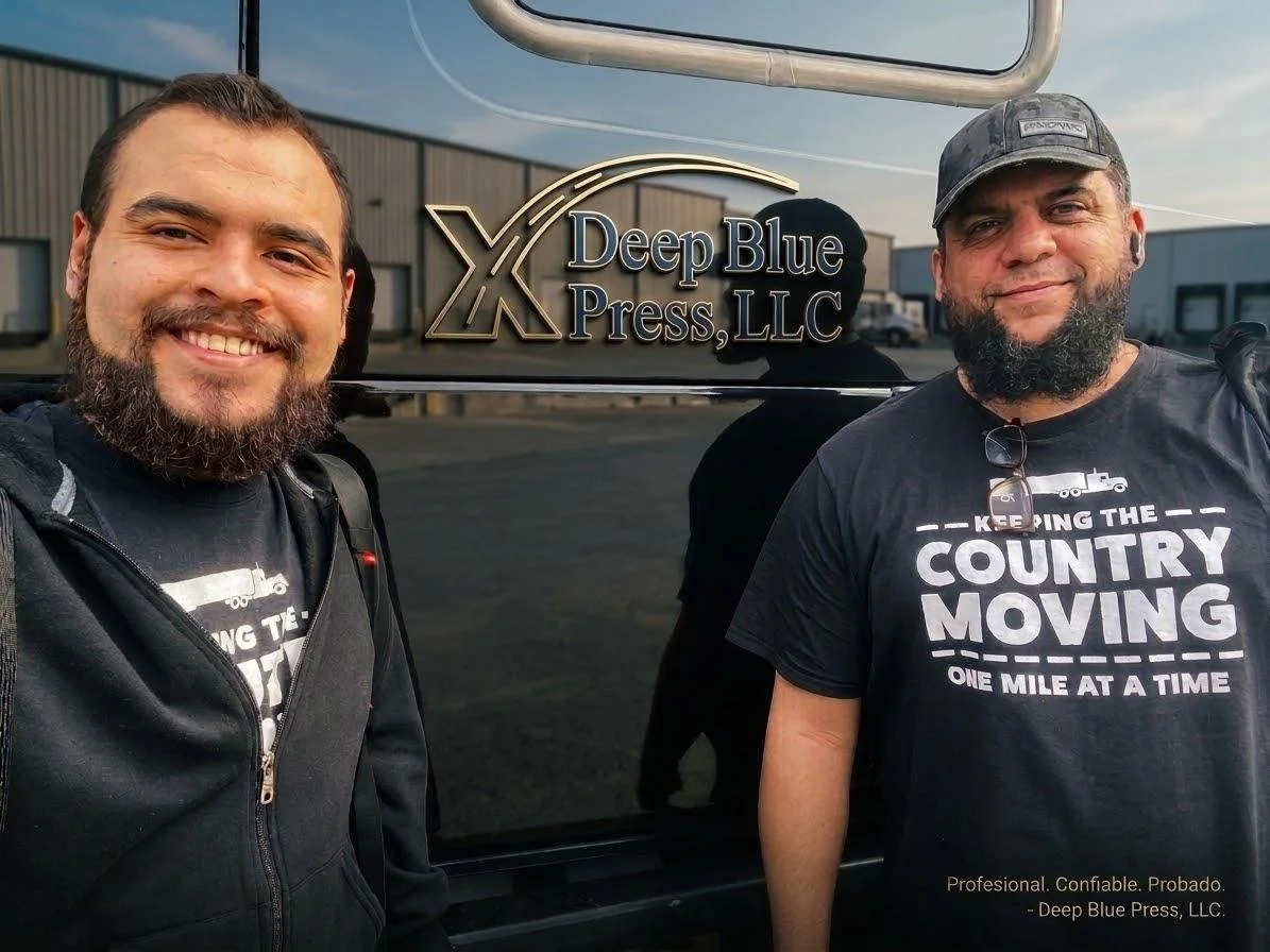 Dos hombres con barba y camisetas negras posando frente a un vehículo con un logo que dice 'Deep Blue Press, LLC'.