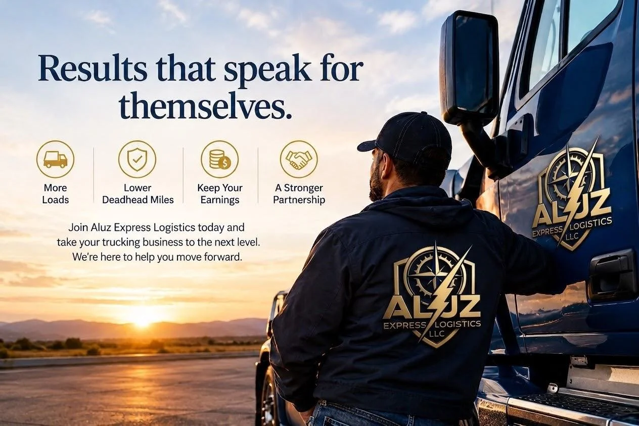 Publicidad de Aluz Express Logistics con un conductor de camión frente a un atardecer, destacando beneficios como carga más ligera, menos millas de desgaste, mayores ganancias y una asociación fuerte.