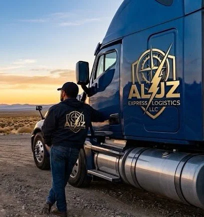 Persona junto a un camión de carga con logotipo de ALUZ en un paisaje desértico al atardecer.