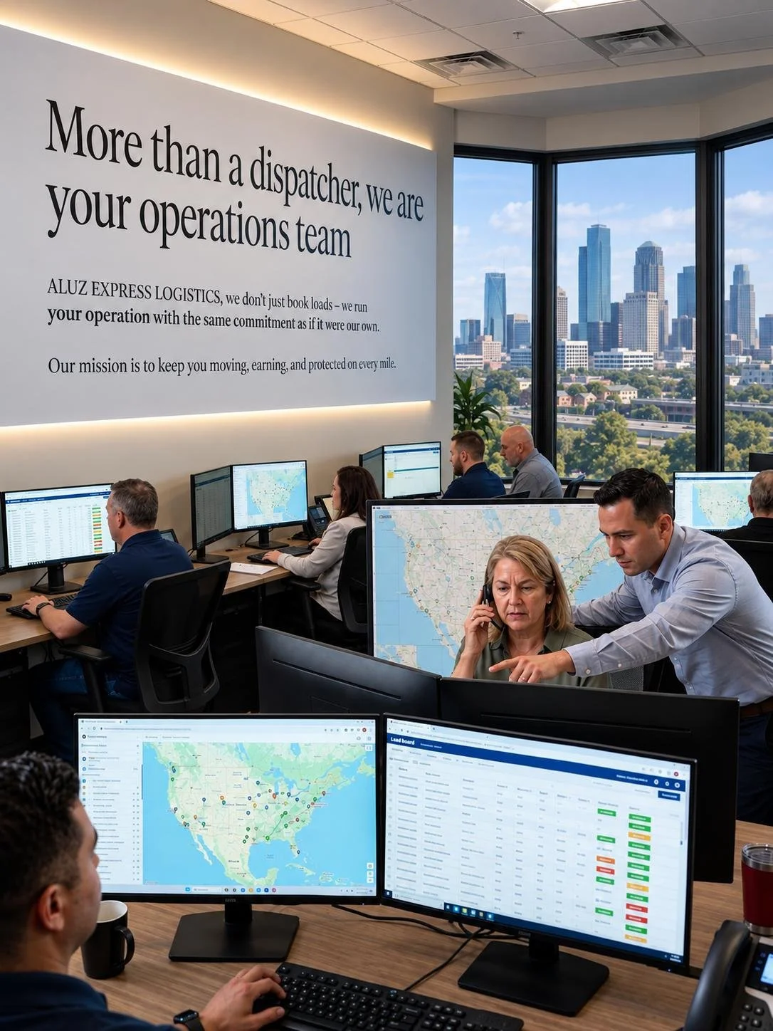 Oficina moderna con empleados trabajando en múltiples pantallas con mapas y datos, vista de la ciudad desde ventanales grandes.