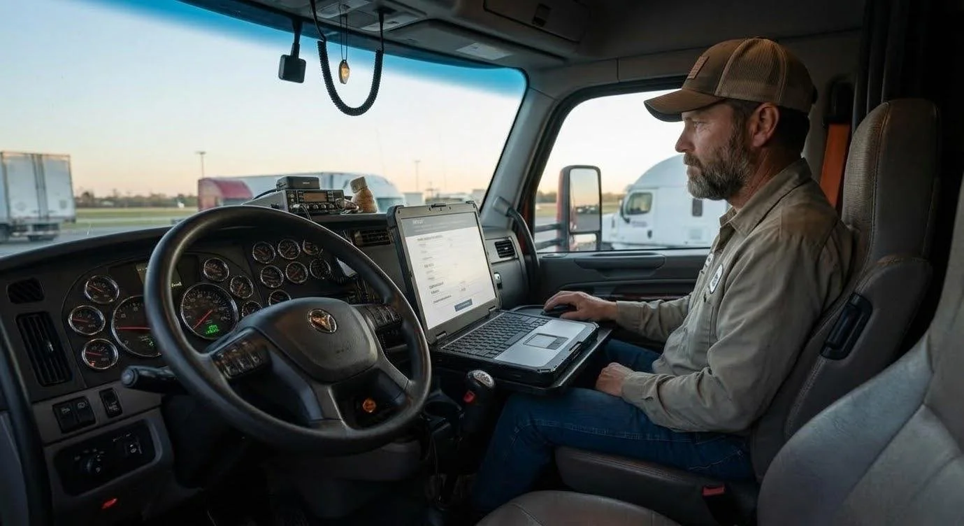 Un conductor de camión sentado en la cabina, usando una computadora portátil, con el volante y los instrumentos del vehículo visibles.