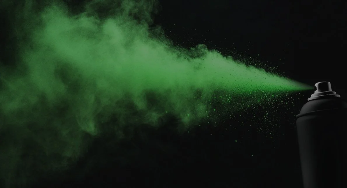 A black aerosol spray can releasing a green spray of mist or powder against a black background.