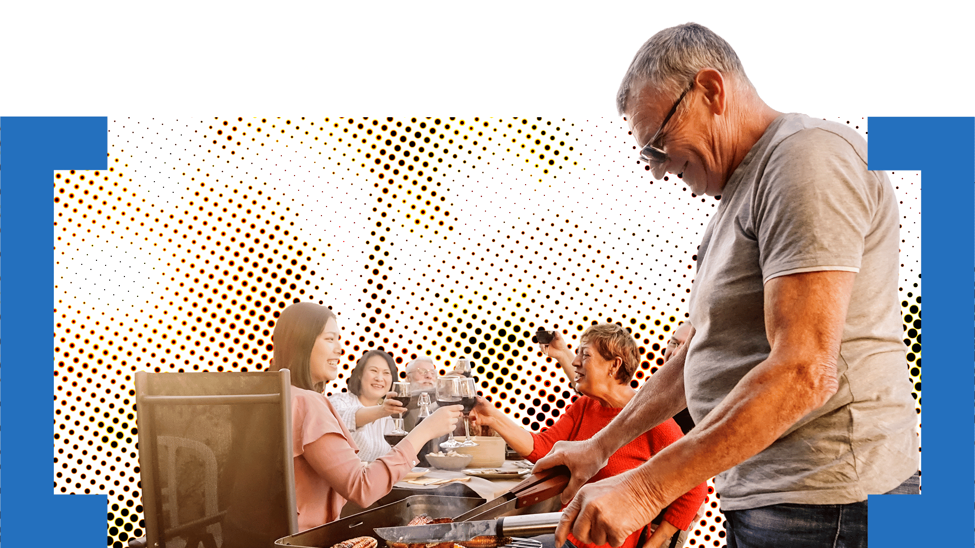 A group gathered around an outdoor dining table while a man cooks on the barbecue.