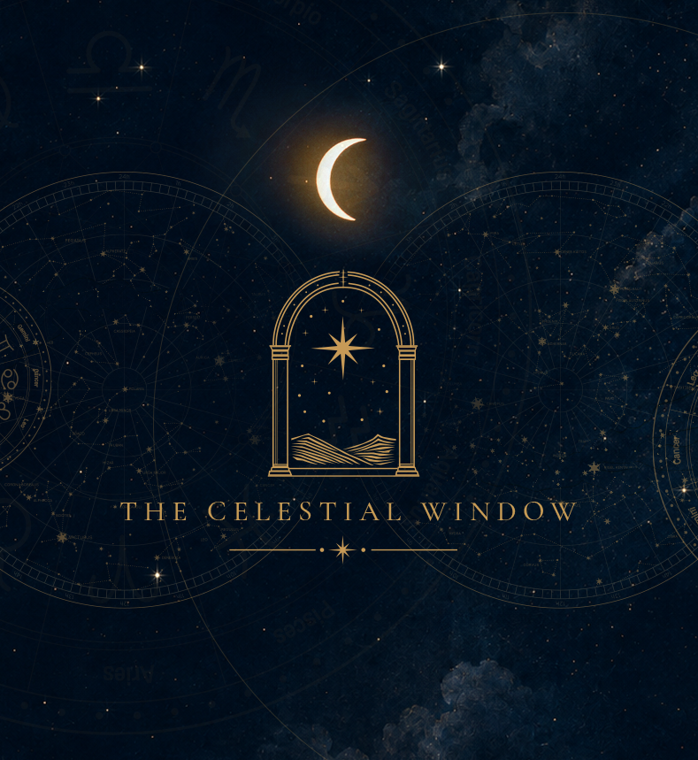 A celestial-themed graphic featuring a crescent moon, a starry night sky, and an illustration of a window with a star inside, with the text 'The Celestial Window' beneath.