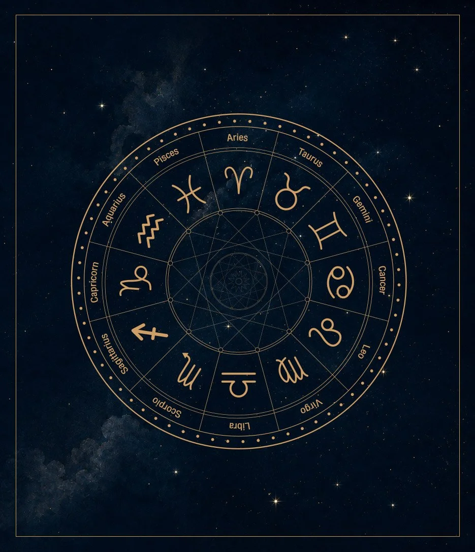 A celestial-themed zodiac wheel with gold symbols of the 12 zodiac signs on a dark starry background.