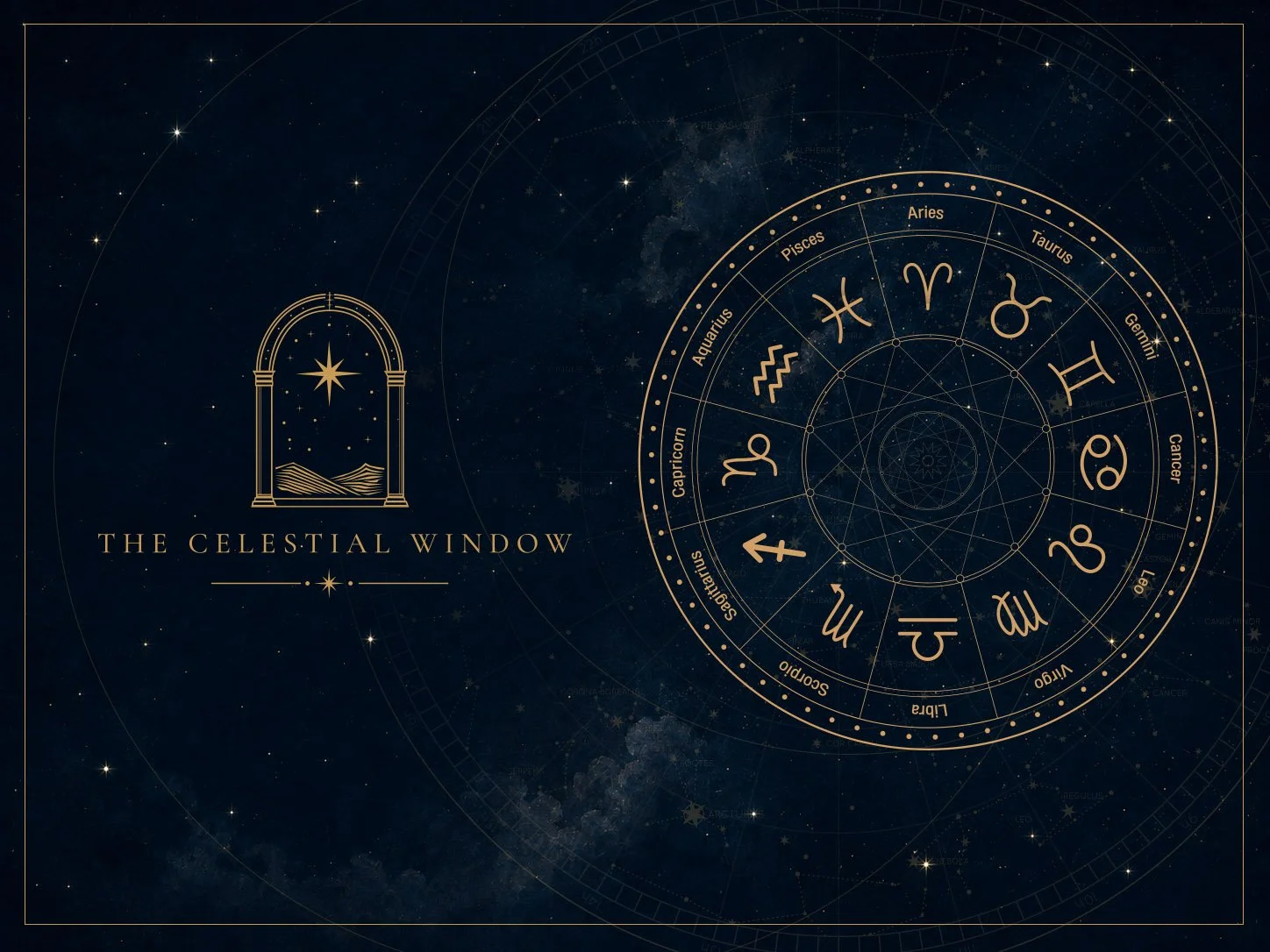Celestial design with zodiac symbols arranged in a circle, starry night sky background, and a window with a star and landscape, labeled "The Celestial Window."