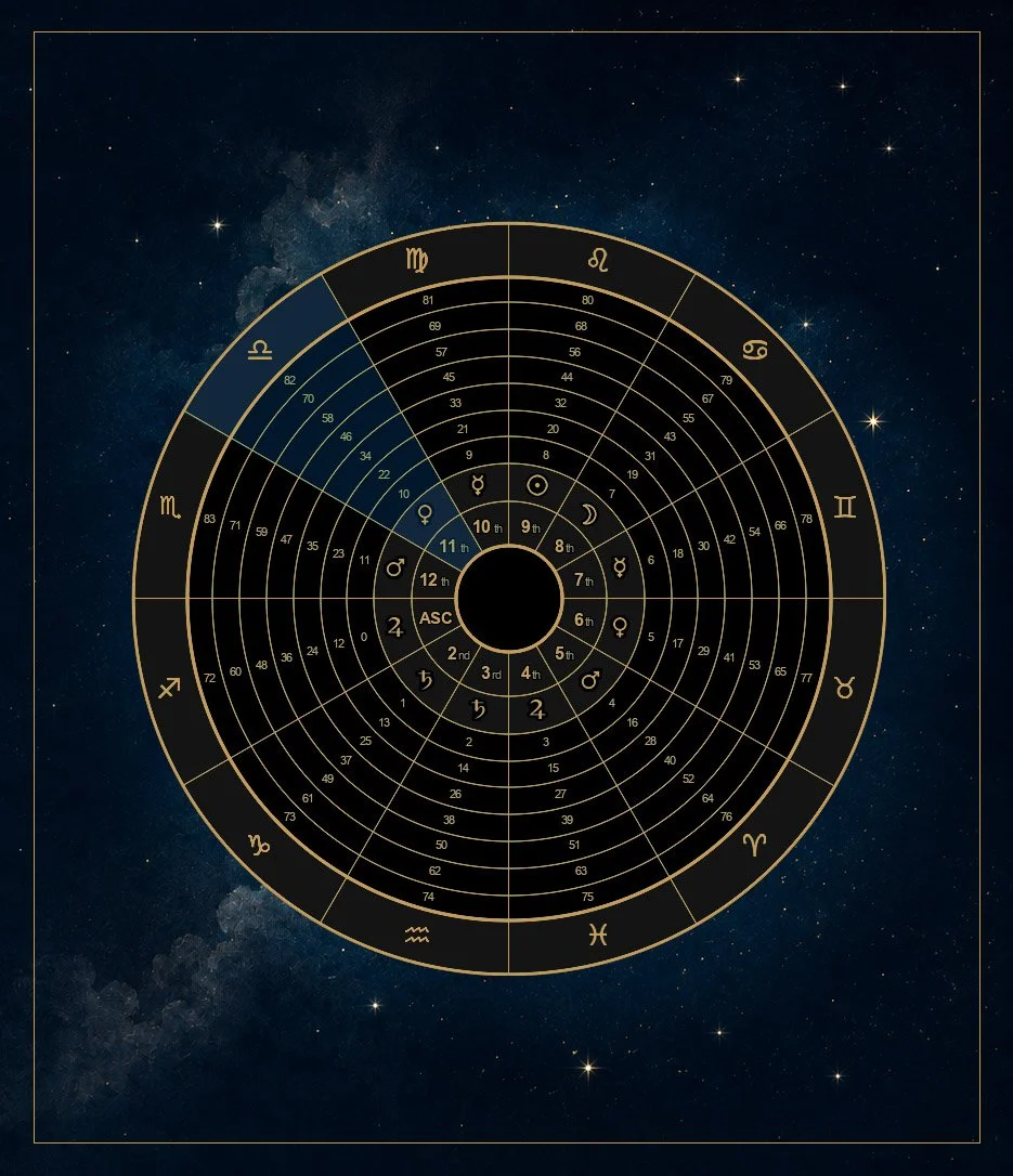 An astrological chart with zodiac signs arranged in a circle over a starry night sky background, with symbols and degrees marked.