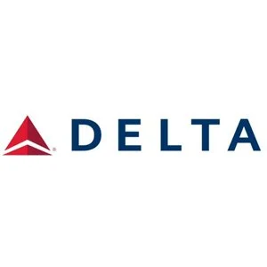 Delta Airlines logo featuring a red triangle symbol and the word 'DELTA' in blue letters.