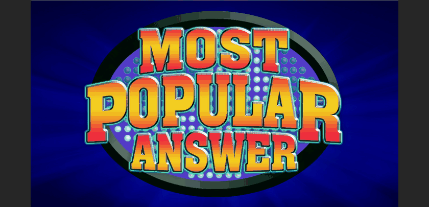 Animated preview of Most Popular Answer, an original game from The Big Game Show, showing its title and a survey question about candy.