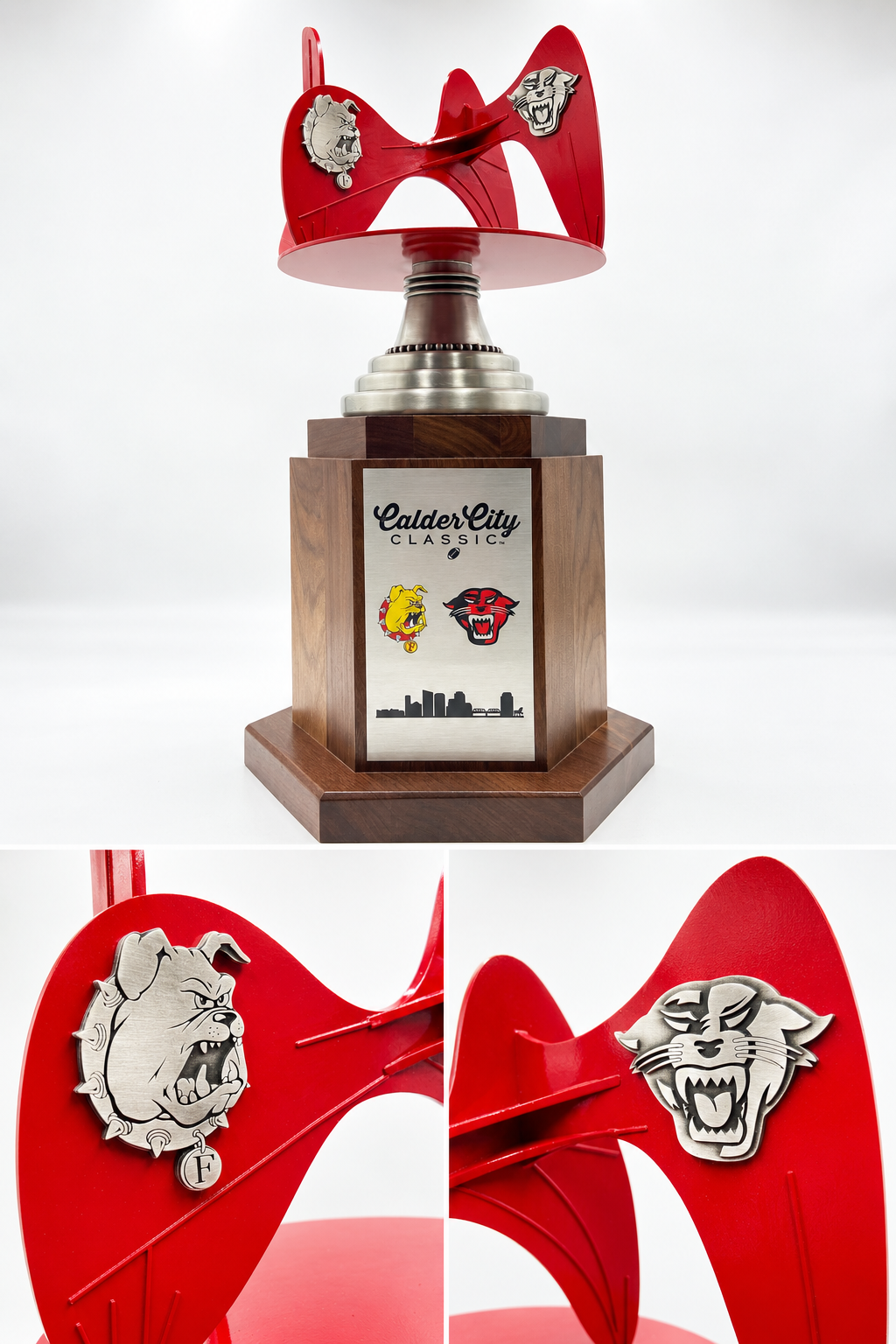 Metal and Wood Trophy with a printed logos of the Davenport Mascot and the Ferris Mascot. On a white backdrop with detail shots beneath. 