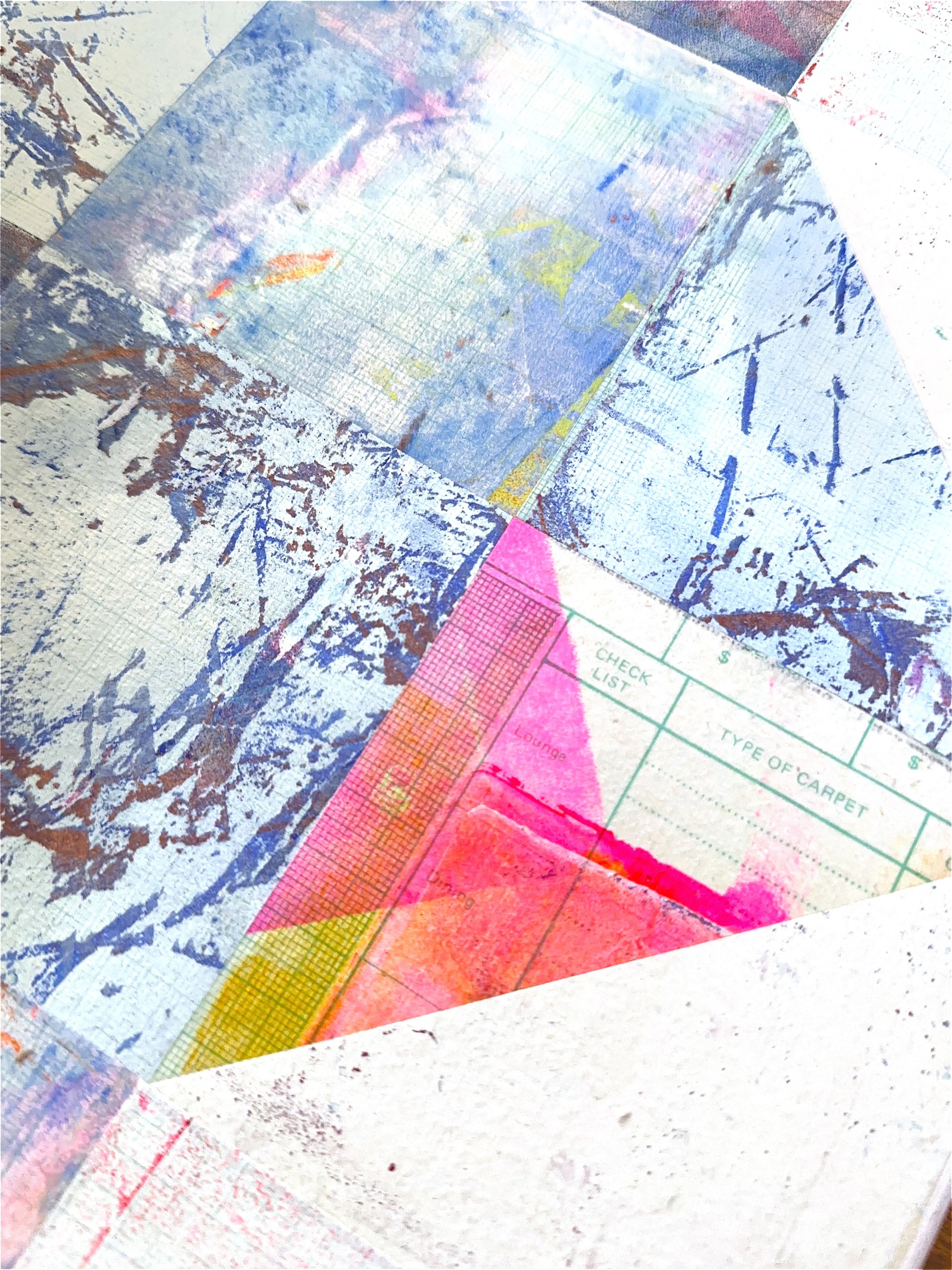 Close-up of a colorful, textured surface with layers of paint and paper. Includes a pink section with the words 'CHECK LIST' and 'TYPE OF CARPET' visible.