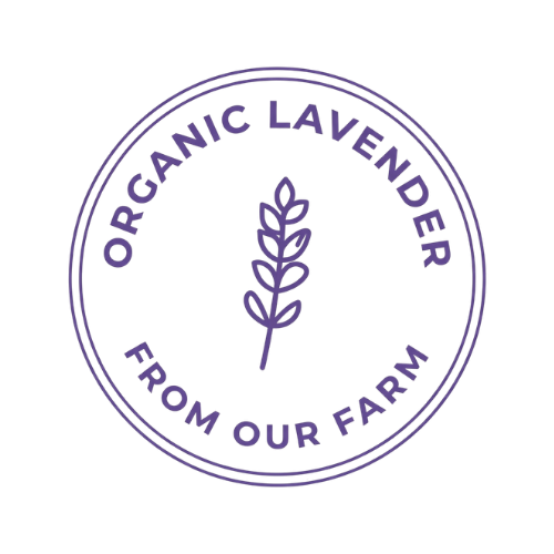 A circular badge with purple text and a purple lavender illustration. The badge reads, 'Organic Lavender From Our Farm.'