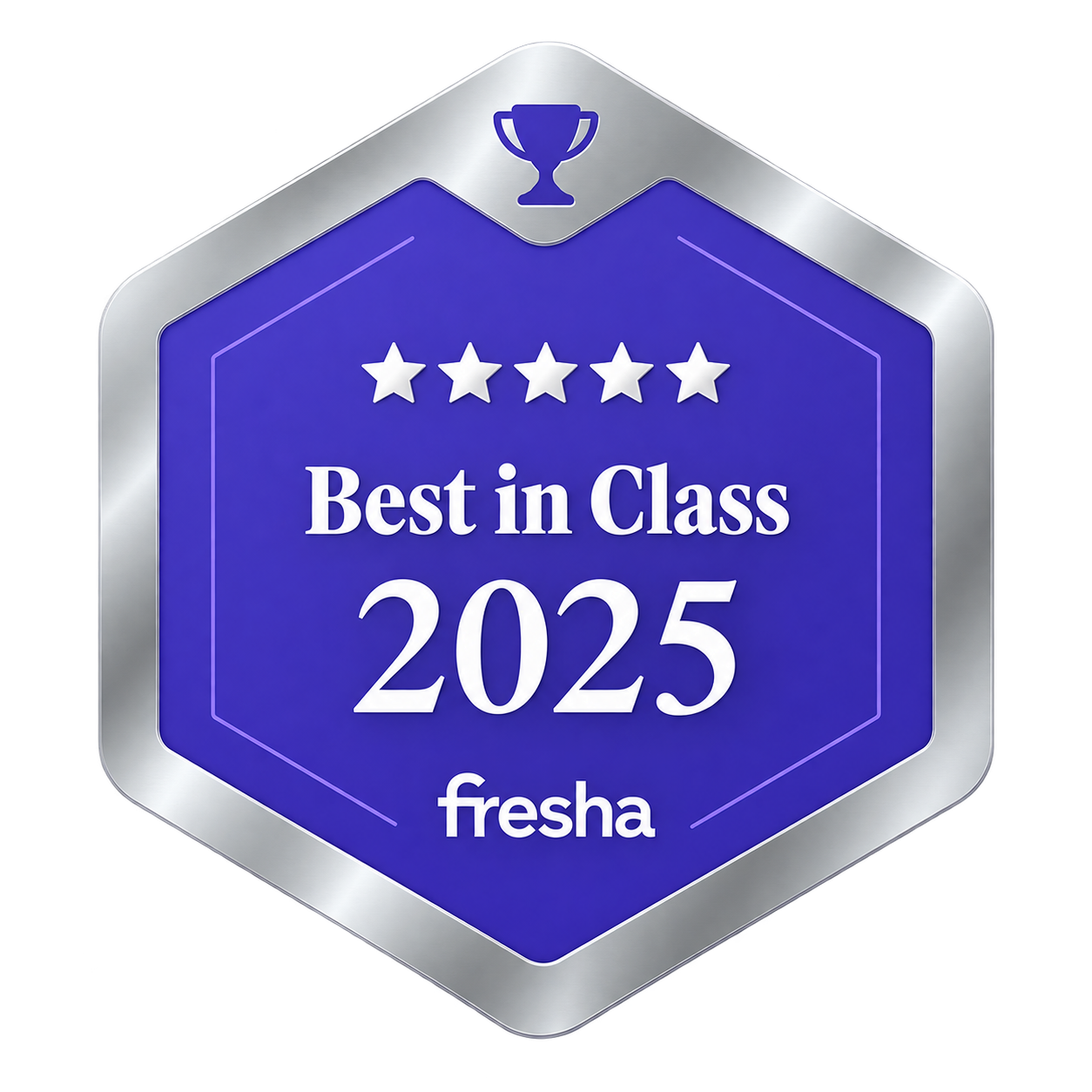 A badge with a silver border and a blue background, featuring a trophy icon at the top, five stars, the text 'Best in Class 2025', and the word 'fresha' at the bottom.