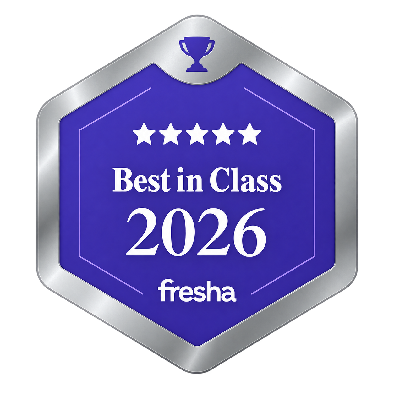 A badge with a blue background and silver border, featuring five white stars at the top, the text 'Best in Class 2026' in the middle, and 'fresha' at the bottom, with a trophy icon at the top center.
