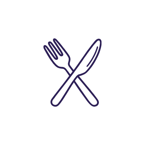 Outline of a fork and knife crossed, on a black background.