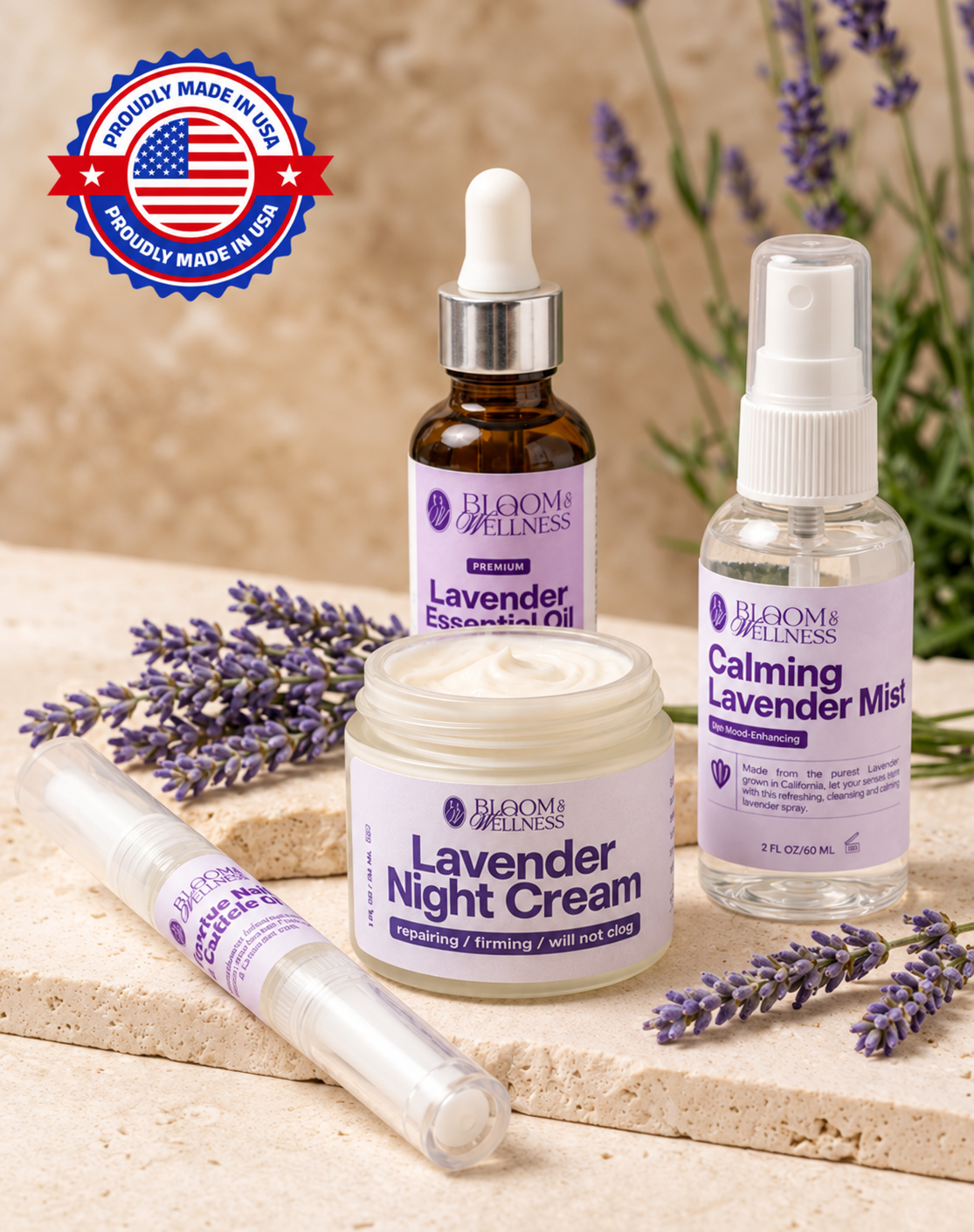 A collection of lavender wellness products including lavender night cream, lavender essential oil, calming lavender mist, and lavender lip balm surrounded by sprigs of lavender flowers on a beige textured surface.