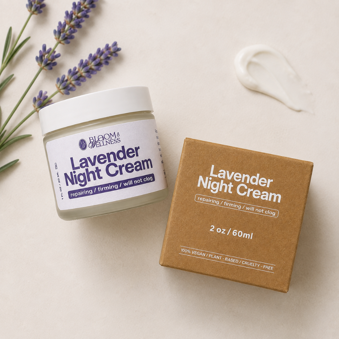 A jar and box of Lavender Night Cream by Bloom Wellness, with a dollop of cream on a beige surface, lavender flowers nearby.