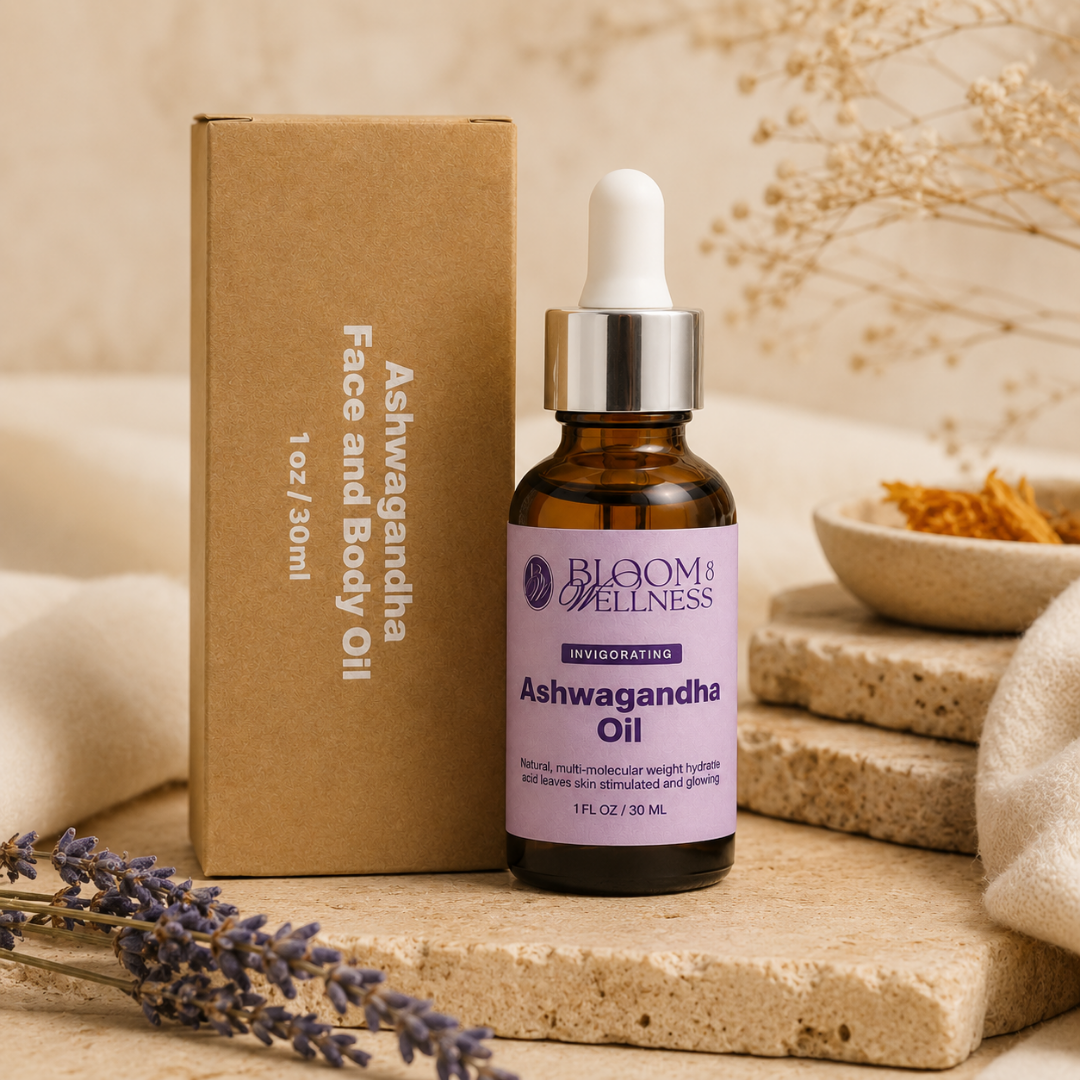 A bottle of Bloom Wellness Ashwagandha Oil with a purple label and white dropper cap, placed next to a cardboard box and dried lavender sprigs on a beige textured surface with background decor.