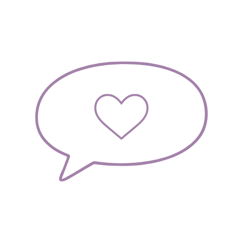 Purple speech bubble with a heart inside on a black background.