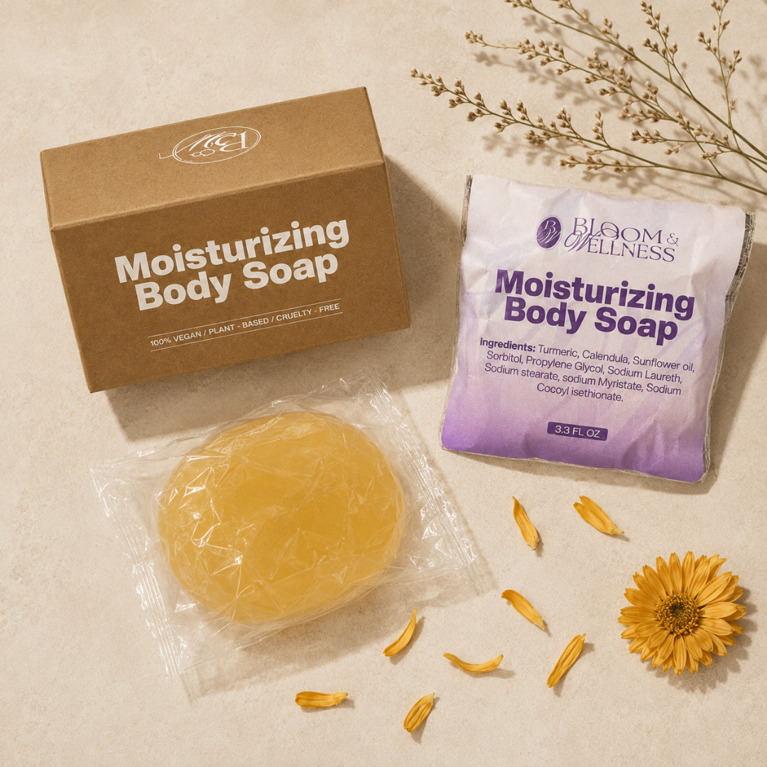 A natural spa setup featuring a brown box labeled 'Moisturizing Body Soap', a purple and white package of 'Bloom & Wellness Moisturizing Body Soap', a yellow soap bar wrapped in clear plastic, and yellow flower petals with a single yellow flower, all arranged on a beige surface with a sprig of dried plants in the background.