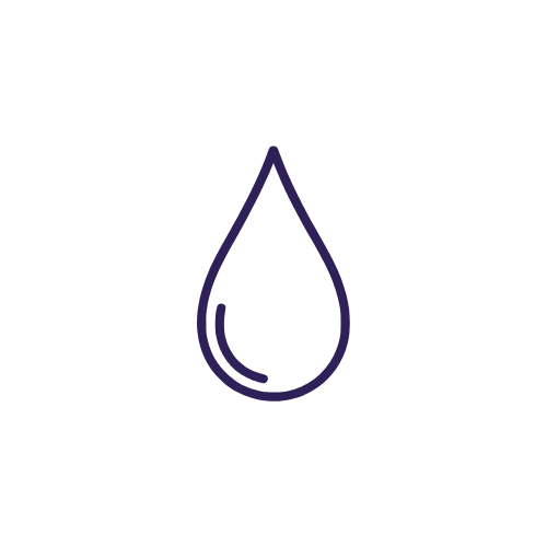 Outline of a water droplet with a second, smaller droplet inside it, in purple on a black background.