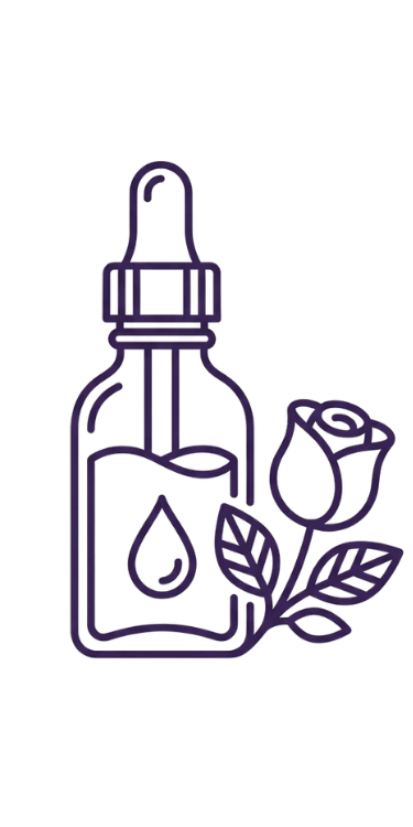Outline of a dropper bottle with a droplet inside and a rose with leaves next to it, both in purple line art style.