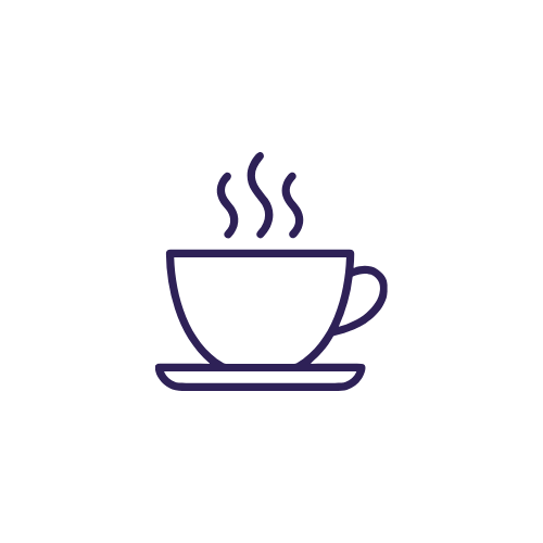 A cup with steam rising from it and a tea bag inside, on a saucer, drawn in a simple outline style.