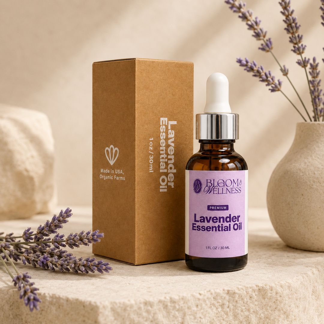 A bottle of Bloom Wellness Lavender Essential Oil next to its box, with lavender sprigs and ceramic vases in the background.