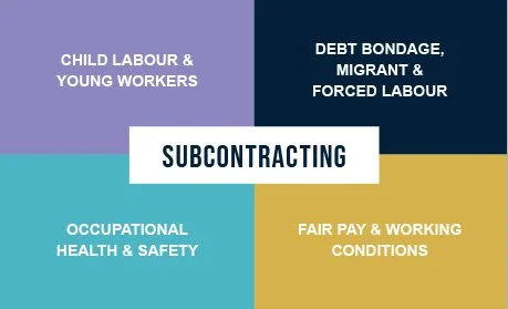 Four colored sections with words: 'Child Labour & Young Workers,' 'Debt Bondage, Migrant & Forced Labour,' 'Occupational Health & Safety,' and 'Fair Pay & Working Conditions,' centered around the word 'Subcontracting'