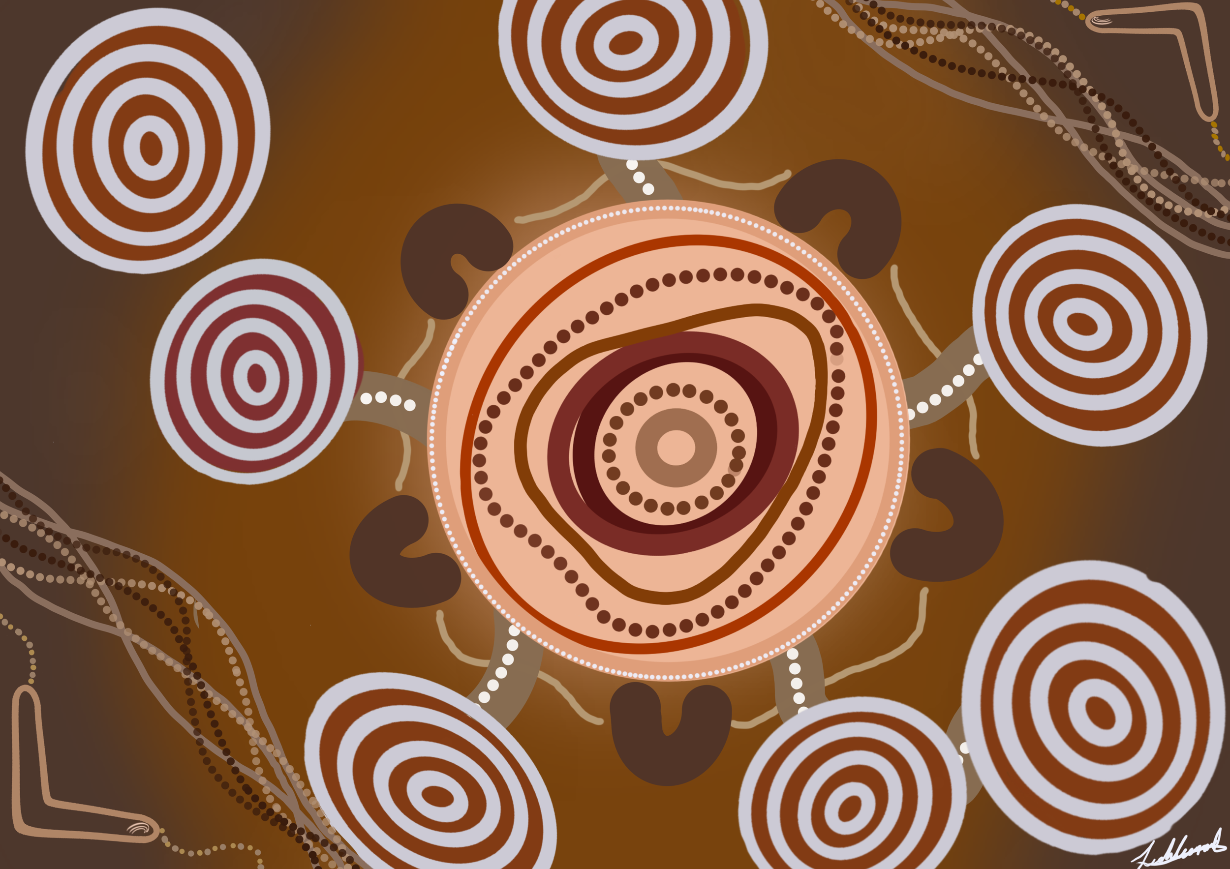 Aboriginal Australian dot painting with concentric circles, lines, and geometric patterns in earthy tones of brown, tan, white, and reddish-brown.