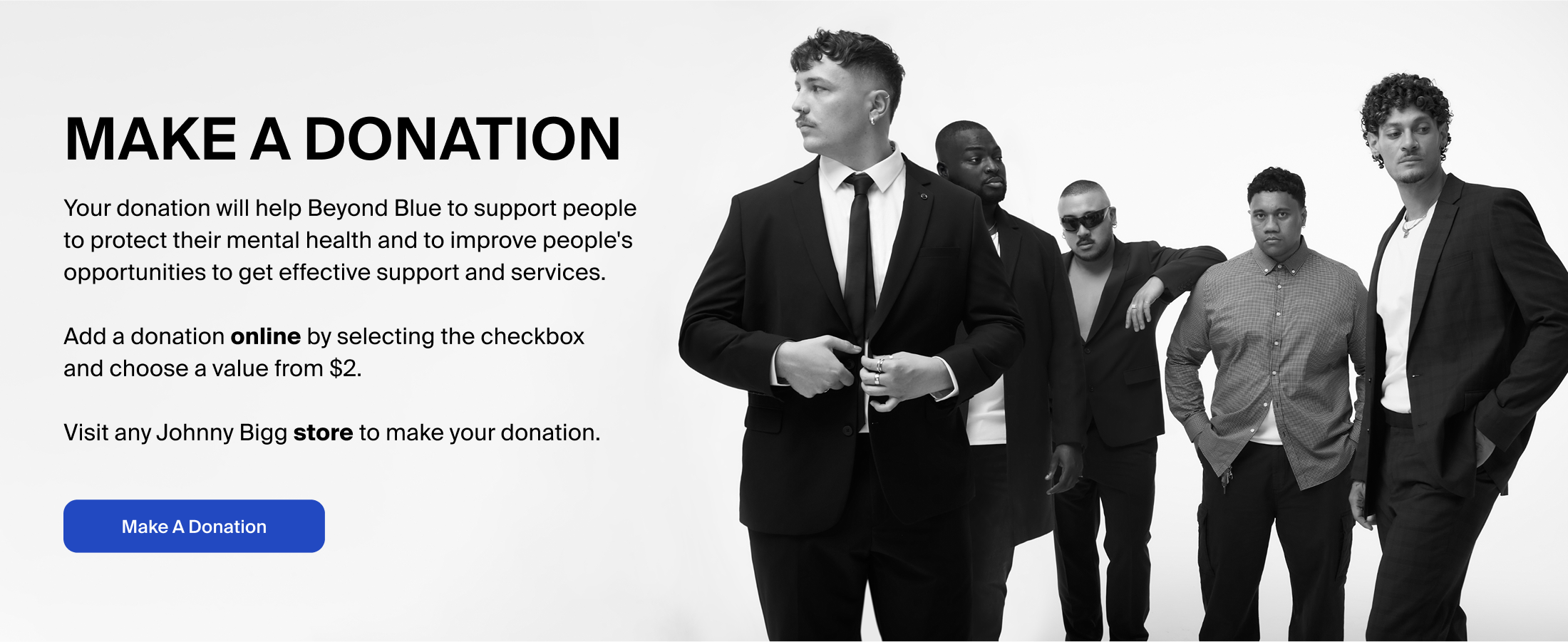 A black and white image of five diverse young adults standing together with serious expressions. The first person from the left is wearing a suit and looking to the right. The second person is in a dark shirt and sunglasses. The third individual has a shaved head and is wearing sunglasses, the fourth person is in a short-sleeved shirt, and the fifth is dressed in a blazer and white shirt.