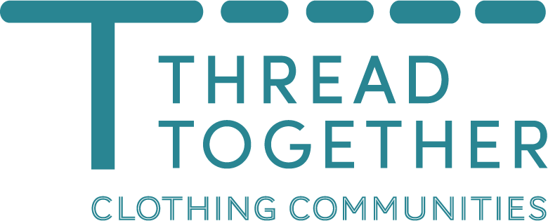 Logo with a large stylized T and the words "Thread Together" and "Clothing Communities".
