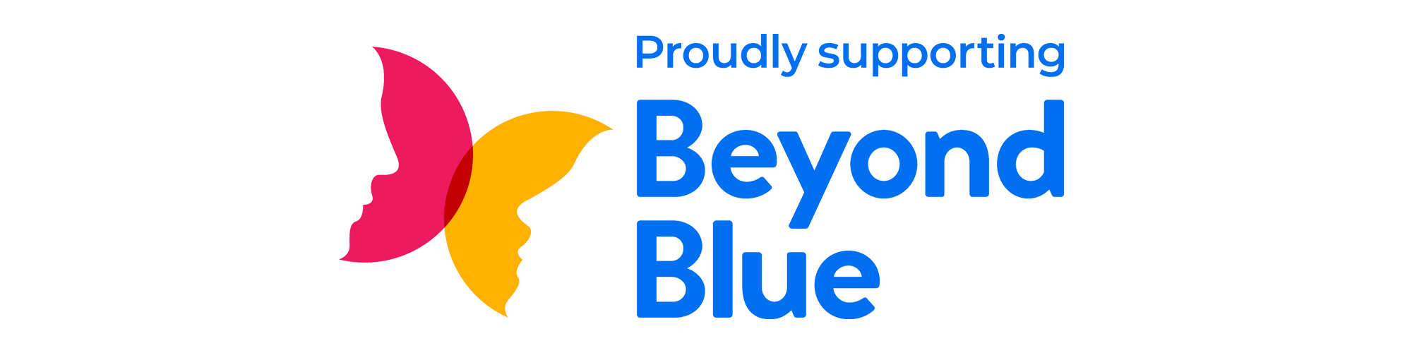 Logo with three overlapping face silhouettes in pink, yellow, and orange, alongside text that reads 'Proudly supporting Beyond Blue'.