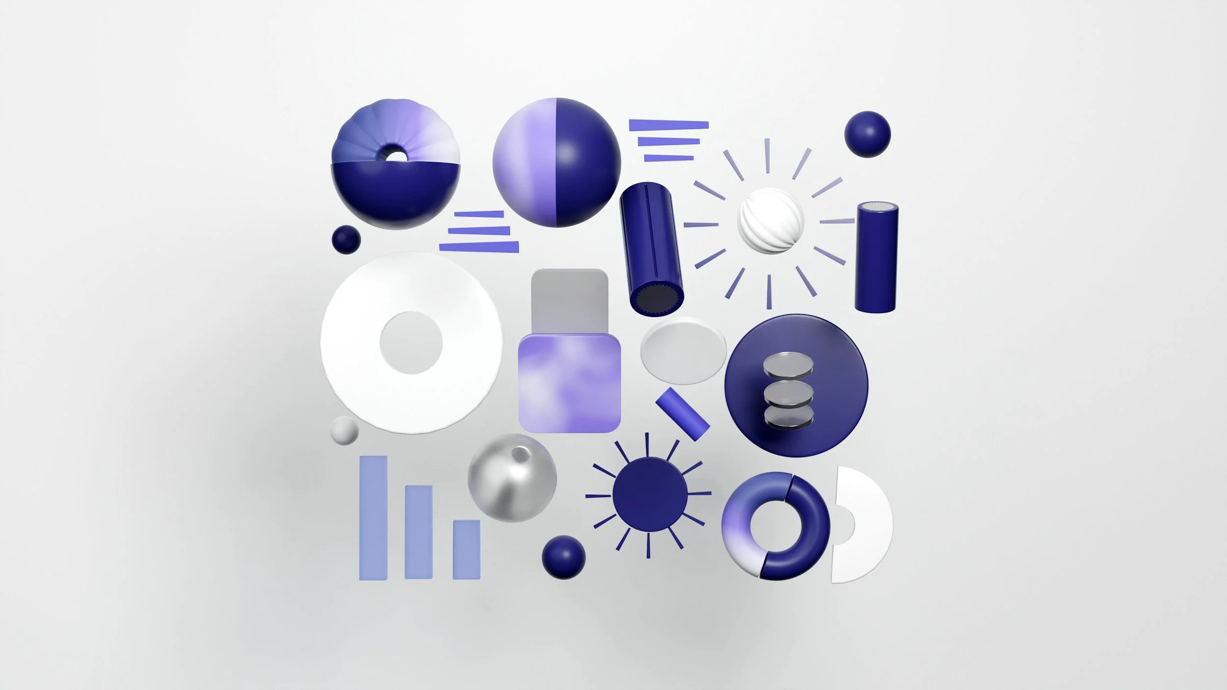Abstract digital design with various 3D shapes, including spheres, cylinders, and geometric forms in shades of blue, white, and gray, arranged against a plain background.