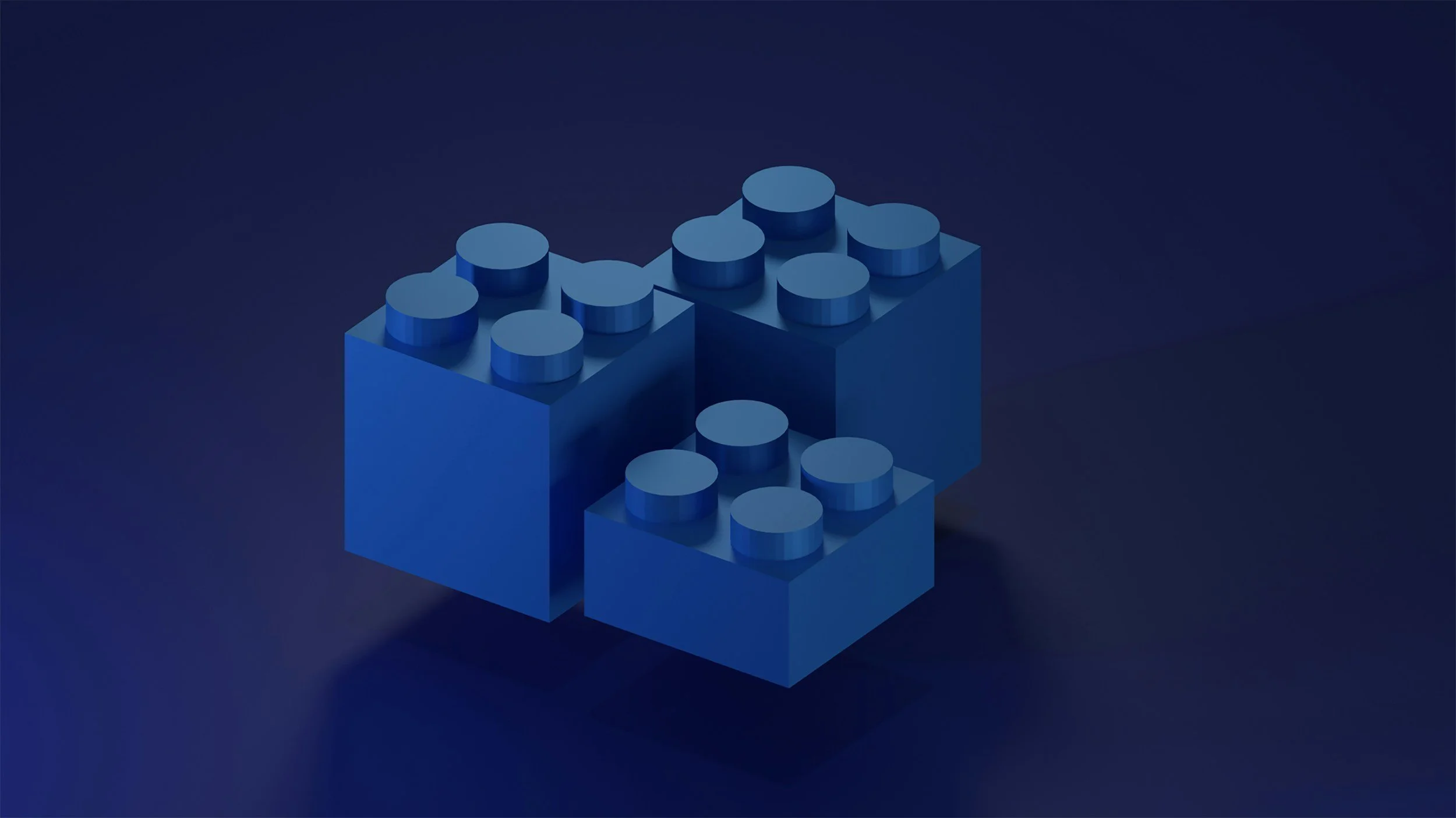 Three blue LEGO brick blocks arranged at angles against a dark blue background.