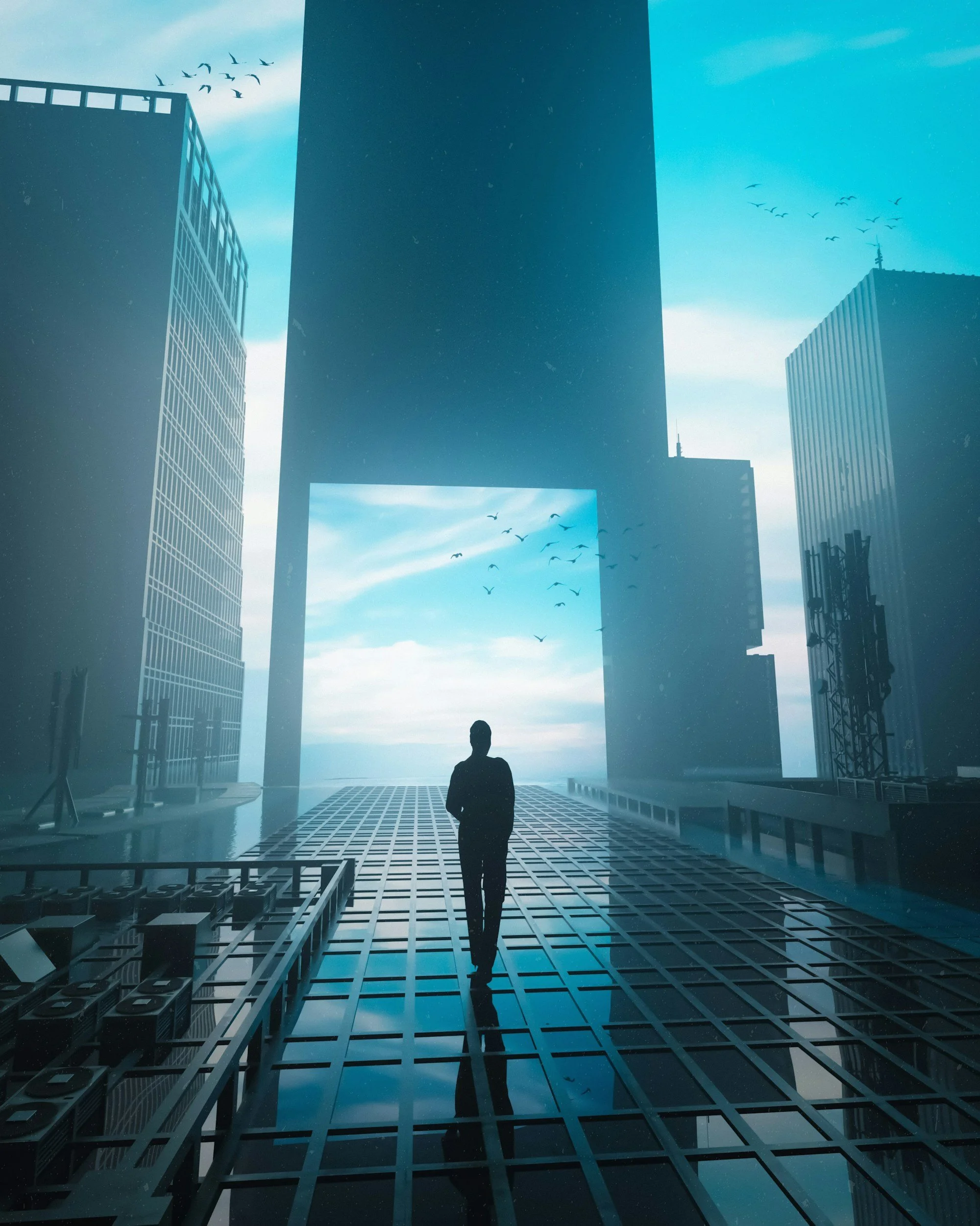 A person standing on a glass platform above city buildings, with a clear blue sky and birds flying in the distance.